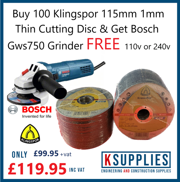 Special offer Buy 100: 115mm thin cutting disc & get Bosch grinder FREE